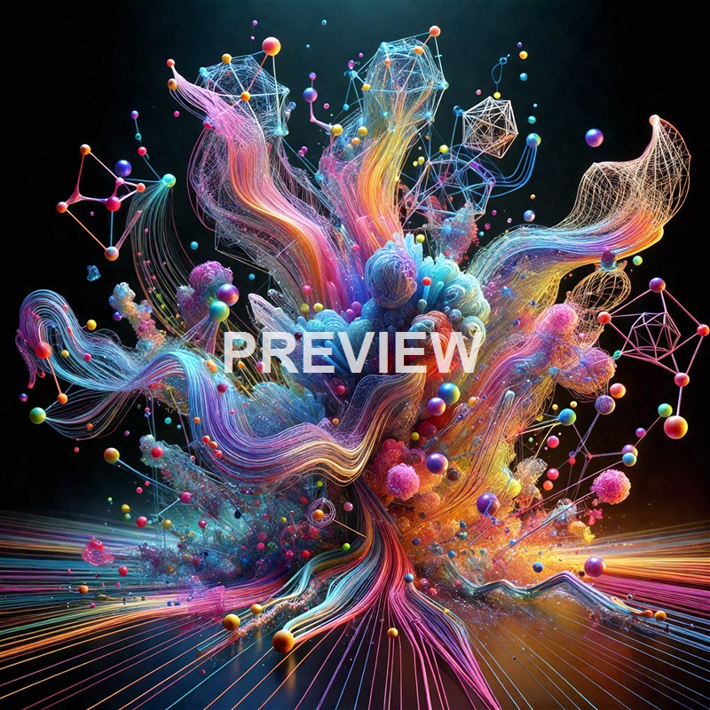 A vibrant, abstract digital artwork featuring colorful, flowing lines and interconnected geometric shapes resembling an explosion of light and energy against a dark background.